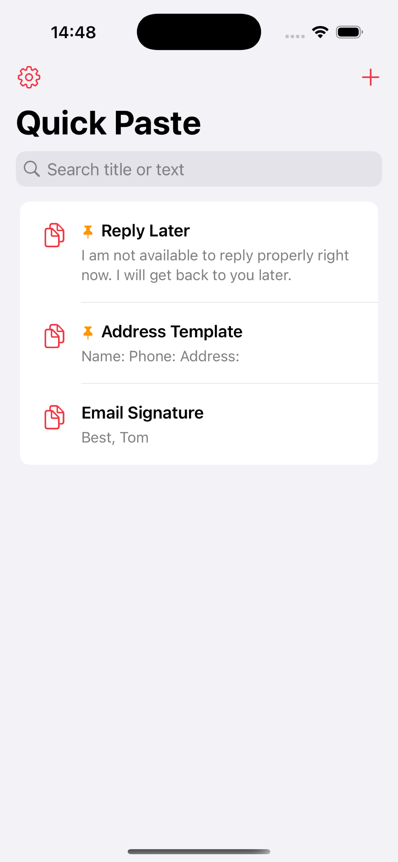 CopyEasy saved snippets list