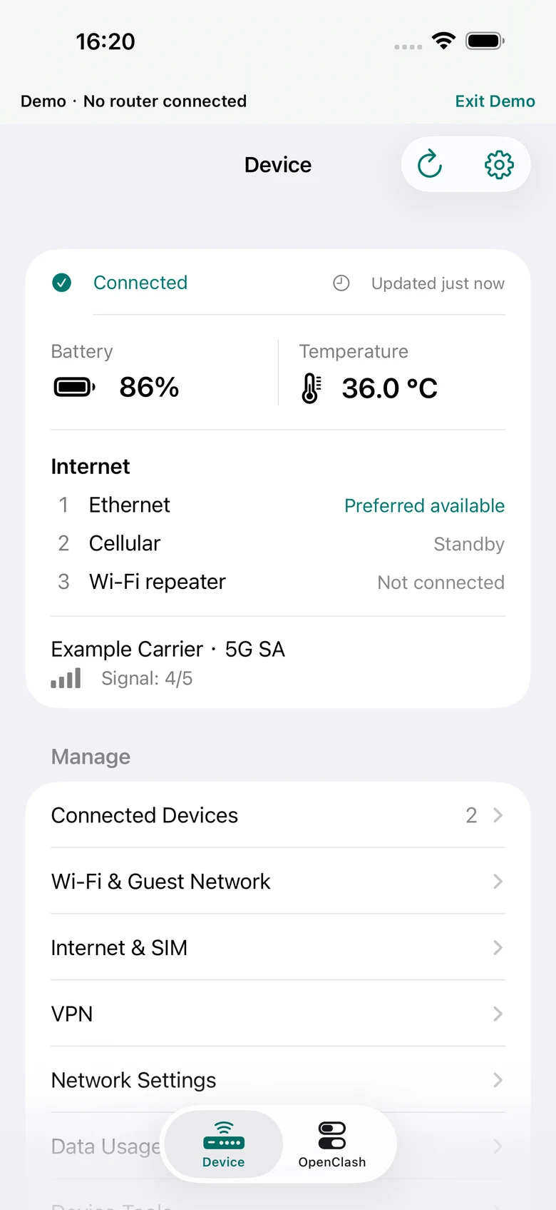 Mudi7 Remote Device screen showing example router status and management controls