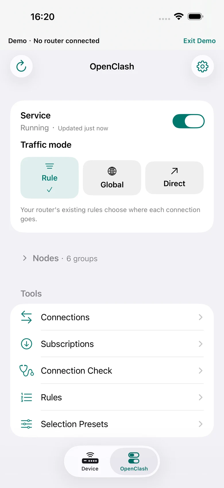OpenClash service, Rule Global Direct controls and collapsible Nodes in Mudi7 Remote