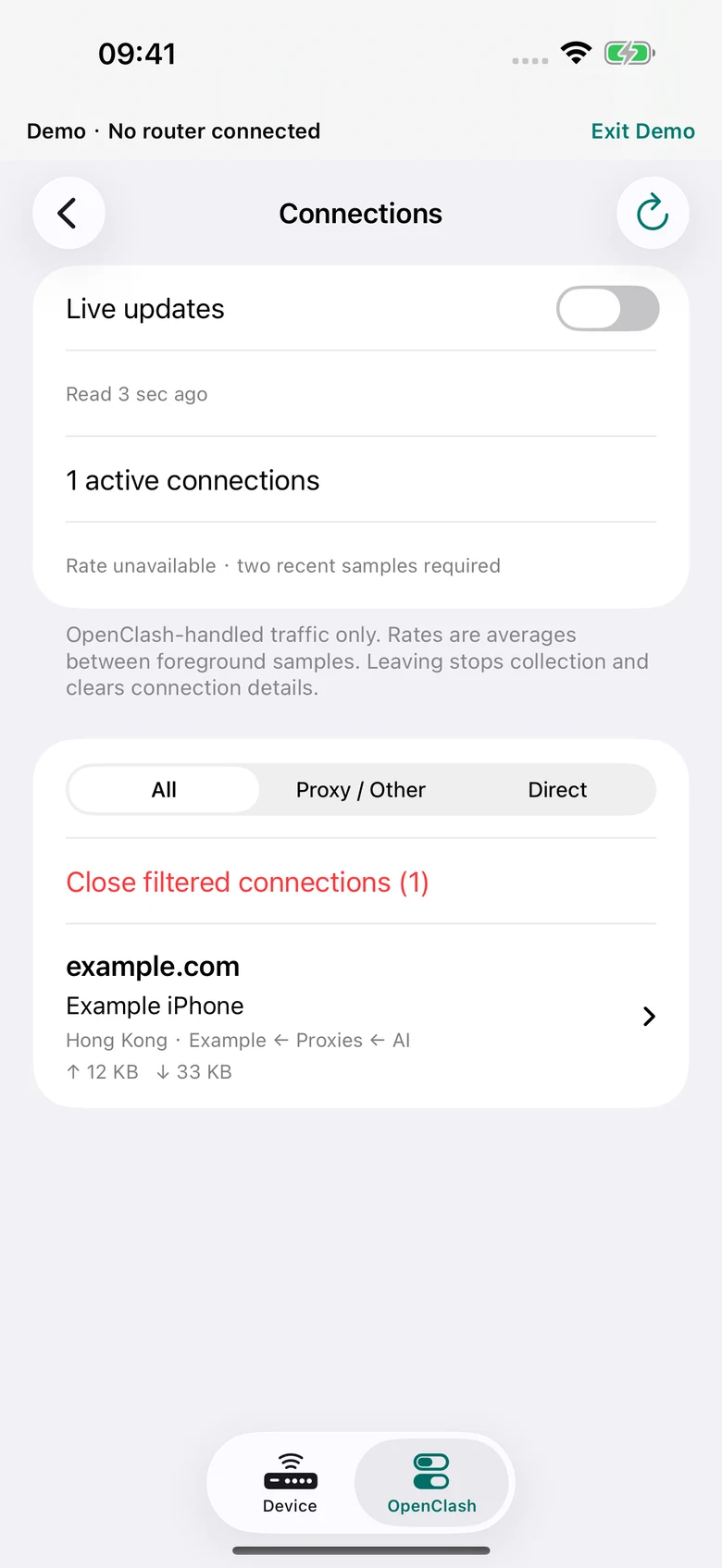 Mudi7 Remote connection details settings with fictional Demo data