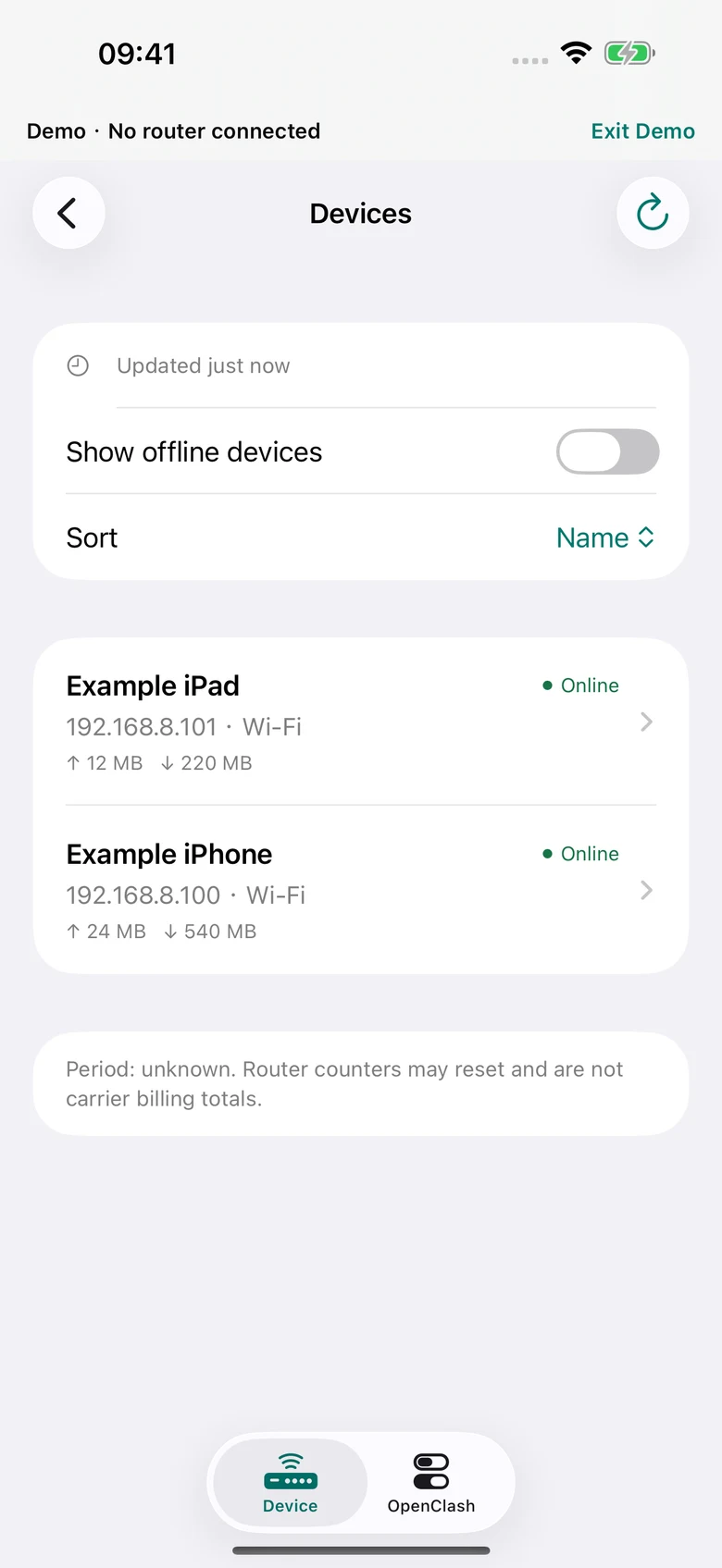 Mudi7 Remote connected devices settings with fictional Demo data