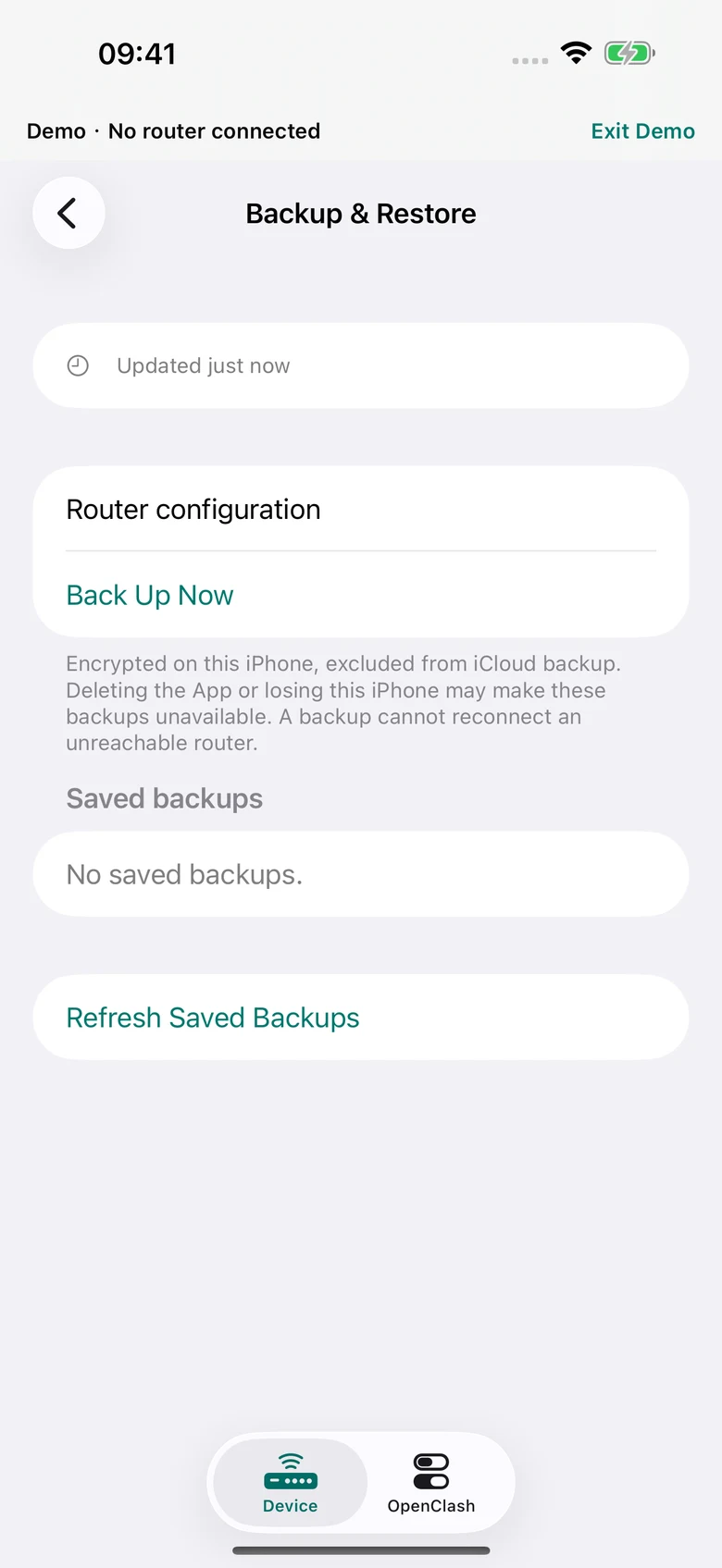 Mudi7 Remote configuration backups settings with fictional Demo data