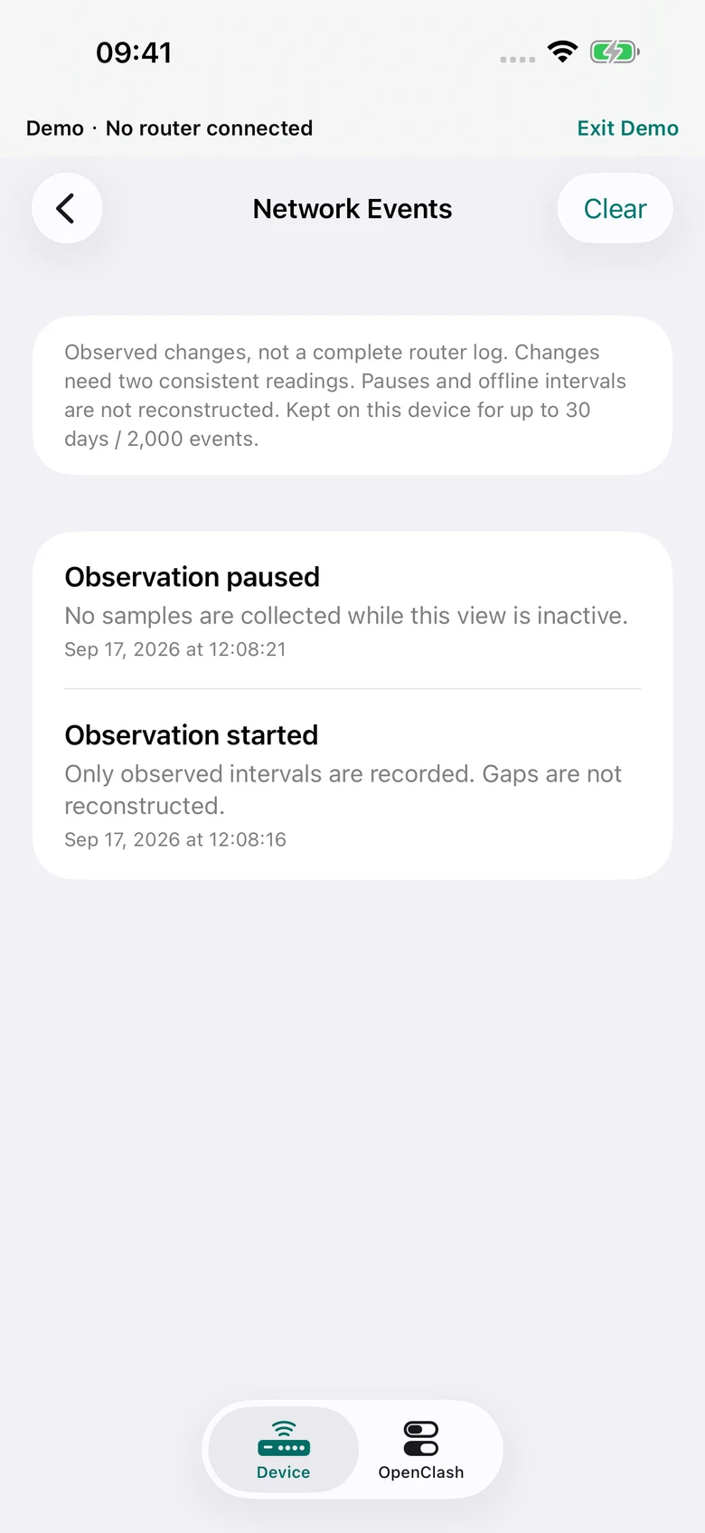 Mudi7 Remote 1.5 a local event timeline screen with fictional example data