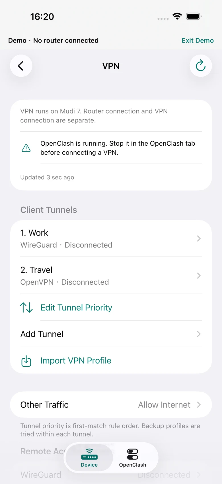 Router VPN client tunnels and server controls in Mudi7 Remote