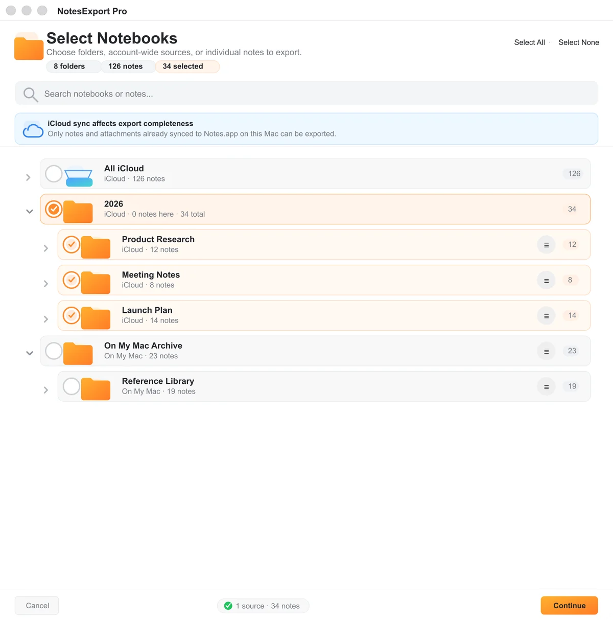 Folder hierarchy and note selection with demo notes