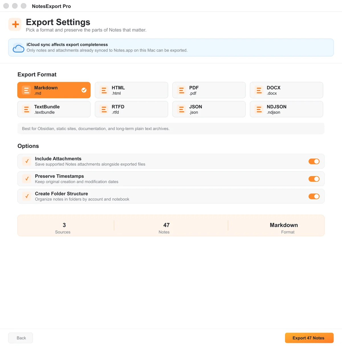 NotesExport Pro format and export options with example data