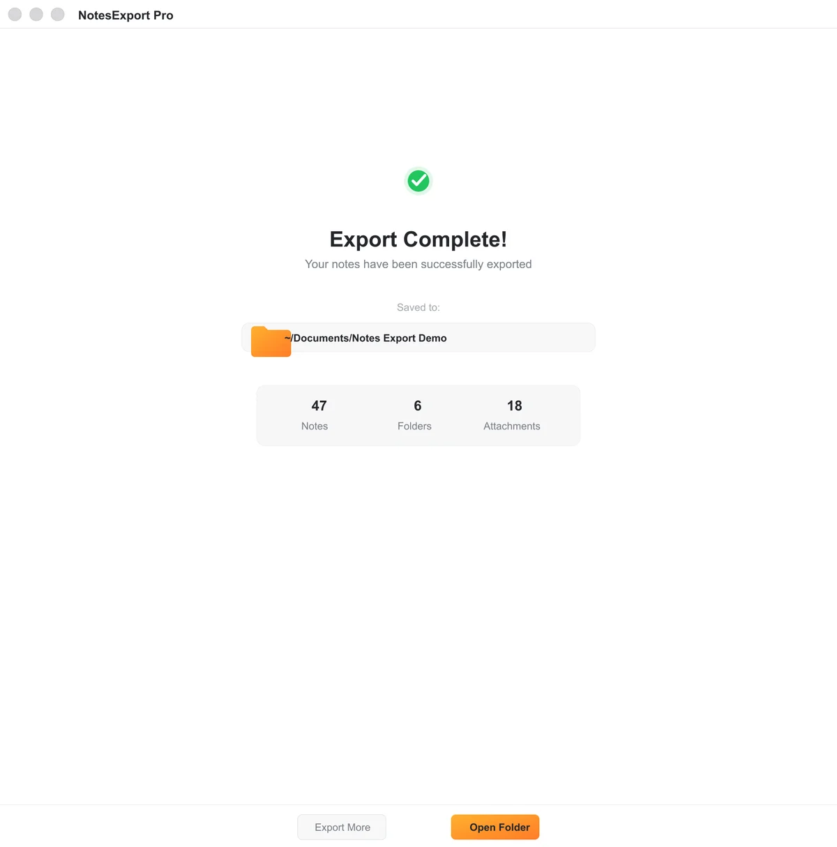 Completed export with an action to open the destination folder