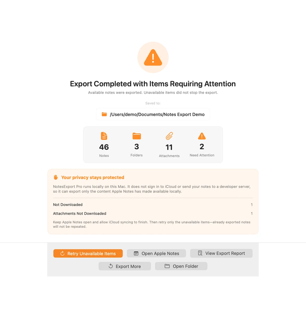 Partial export summary with local report and retry actions