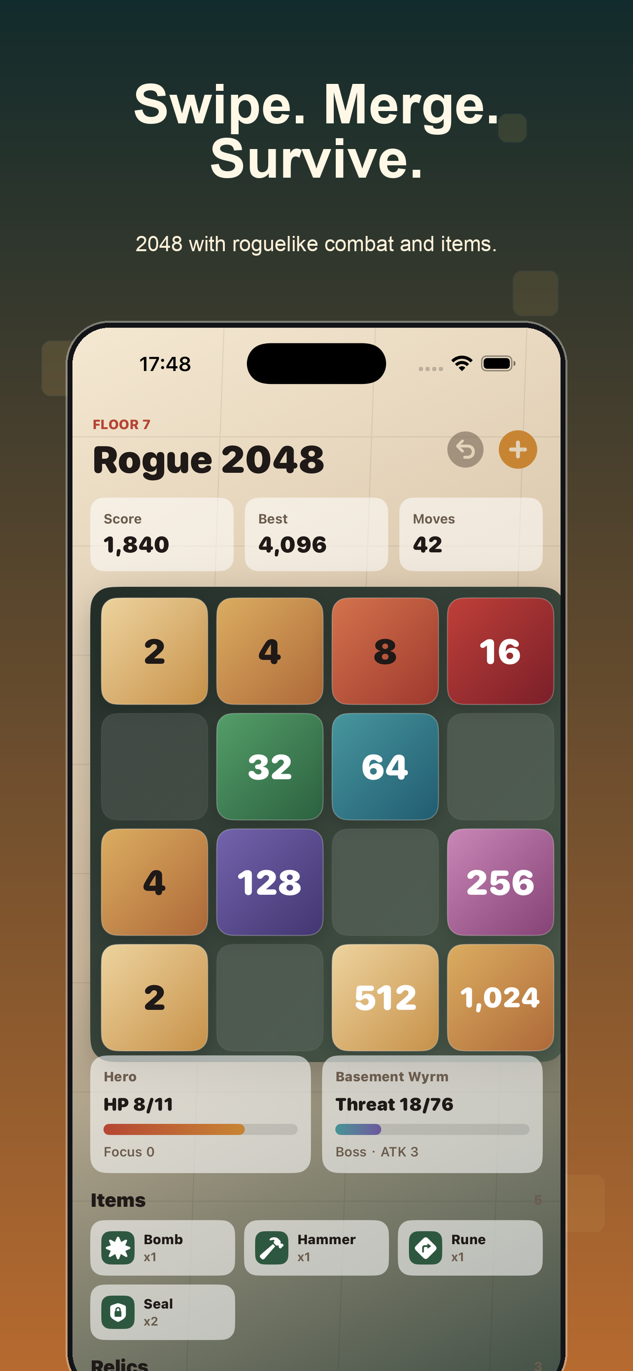 Rogue 2048 iPhone screenshot showing a 2048 board with enemy combat and items